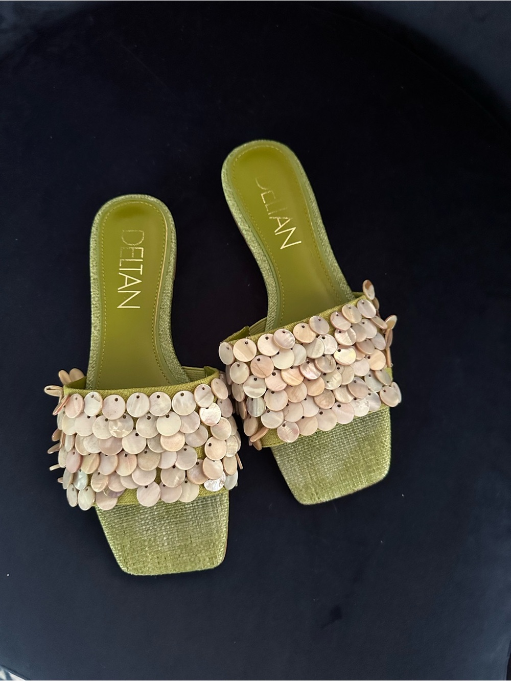 Deltan Olive Green Sequin Slide Mules